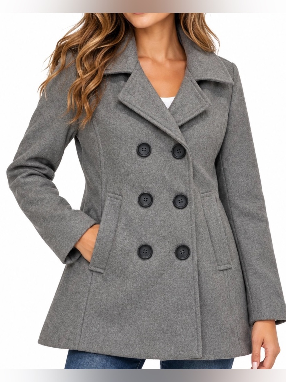 Me Jane Women’s Gray Wool Blend Double Breasted Peacoat Jacket Size Small